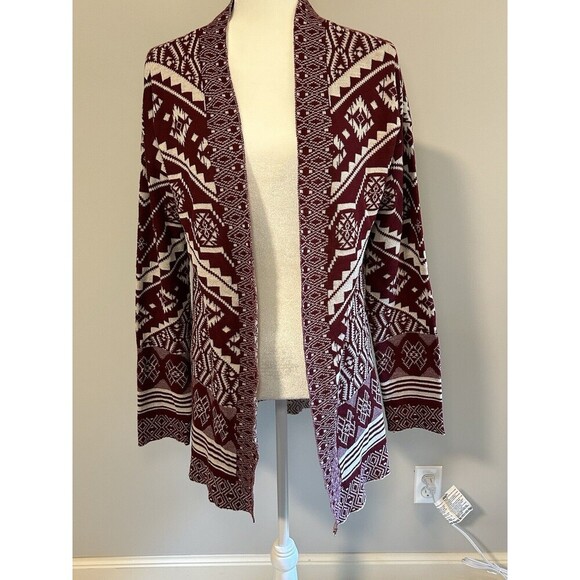 PINK REPUBLIC Burgundy and White Drop-Shoulder Open Cardigan Medium - Picture 1 of 7